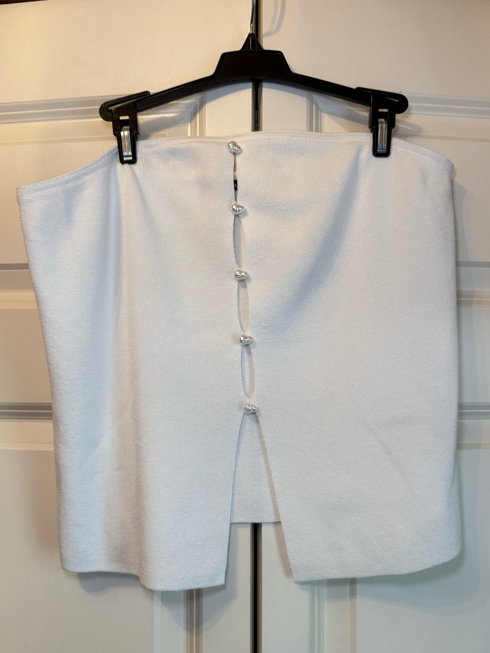 White Strapless Tube Top with Pearl Slit-Front Embellishments